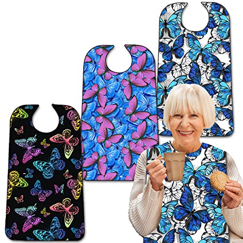 EpoBob 3 Pack Adult Bibs with Crumb Catcher, Washable and Adjustable Adult Bibs for Women Elderly Seniors Butterfly 02