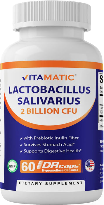 Vitamatic Lactobacillus Salivarius 2 Billion per DR Capsule - 60 Count - Digestive Support - Made with Prebiotic Inulin Fiber