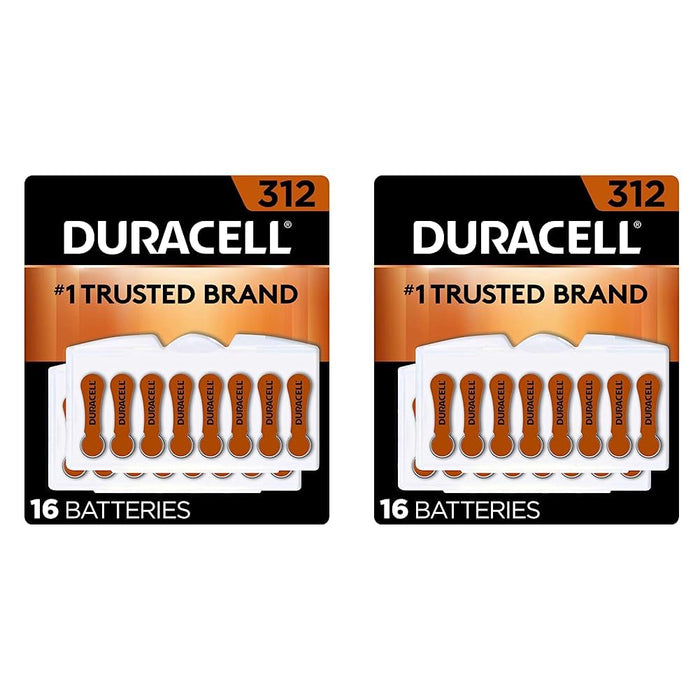 DURACELL Hearing Aid Batteries Brown Size 312, 16 Count Pack, 312A Size Hearing Aid Battery with Long-Lasting Power, Extra-Long EasyTab Install for Hearing Aid Devices (Pack of 2)