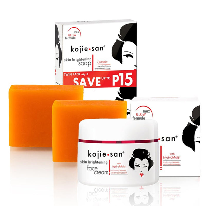 Kojie San Skin Brightening 2 Piece Set - The Original Kojic Acid Soap that Reduces Dark Spots, Hyperpigmentation, and Other types of Skin Damage – 65g x 2 Bars & 30g Face Cream
