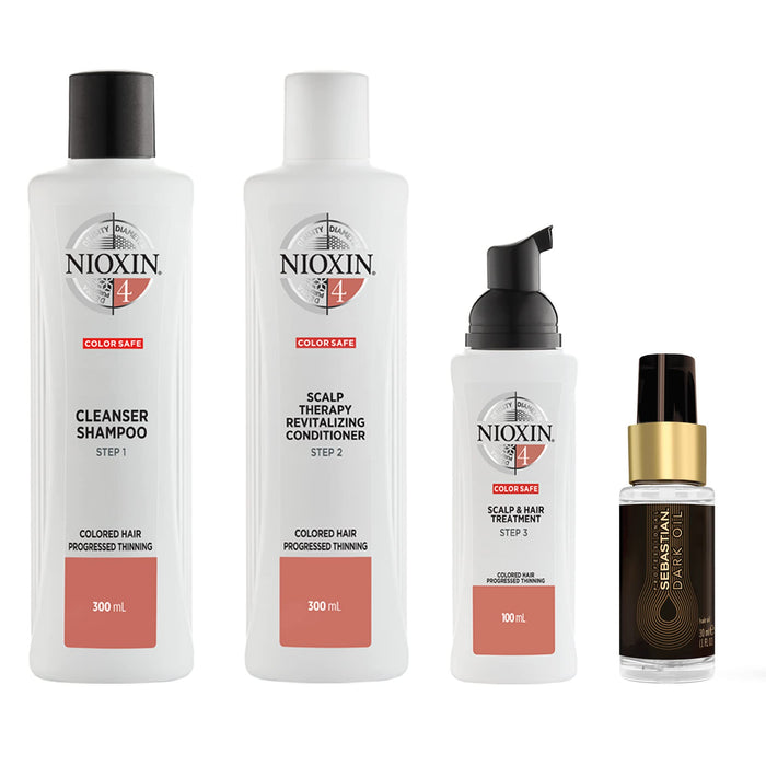 Nioxin System 4 Kit, Cleanse, Condition, and Treat the Scalp for Thicker and Stronger Hair, 3 Month Supply + Sebastian Professional Dark Oil Lightweight Hair Oil, Infused With Jojoba & Argan Oil