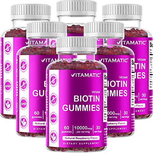 Vitamatic Biotin Gummies 10,000 mcg for Stronger Hair, Skin & Nails - 60 Vegan Gummies - Also Called Vitamin B7 (6 Bottles)