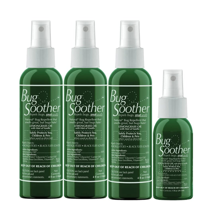 Bug Soother Spray (3, 4oz) - Natural Mosquito, Gnat & Insect Deterrent & Repellent with Essential Oils - 100% DEET-Free Safe for Adults, Babies, Pets, & Environment - Made in USA - Includes 1 oz