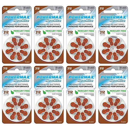 Powermax Size 312 Hearing Aid Batteries, Made In USA, Brown Tab, 60 Count