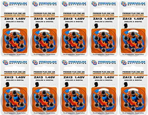 Premium Batteries Size 13 ZA13 P13 PR48 1.45V Zinc Air Hearing Aid Batteries Orange Tab (60 Batteries)