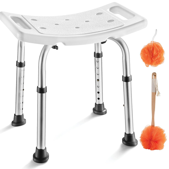 Shower Chair - with Back Scrubber & Additional Sponge - Tool Free Shower Chair for Elderly - with 8 Adjustable Heights - Portable Anti Slip Bath Chair for Elderly
