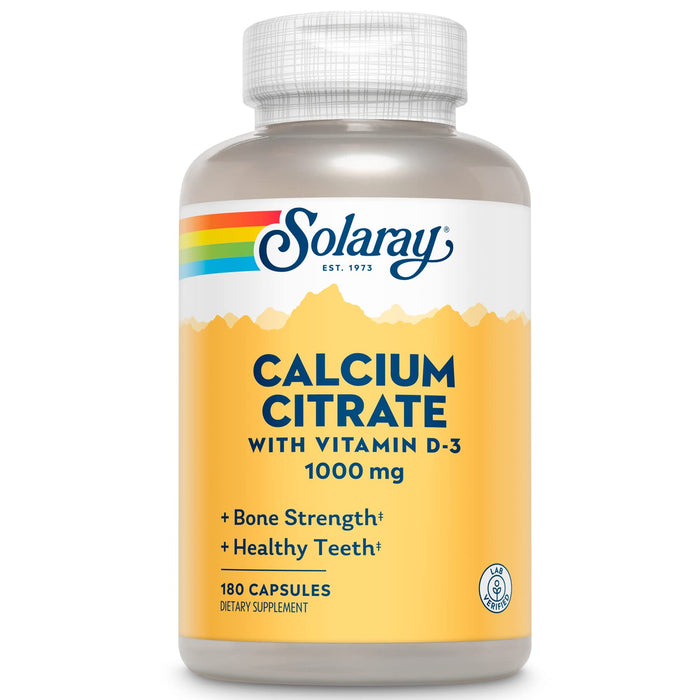 Solaray Calcium Citrate with Vitamin D3 1000mg - Bone Strength and Healthy Teeth Support - Gentle Digestion Formula - Lab Verified, 60-Day Guarantee - 30 Servings, 180 Capsules