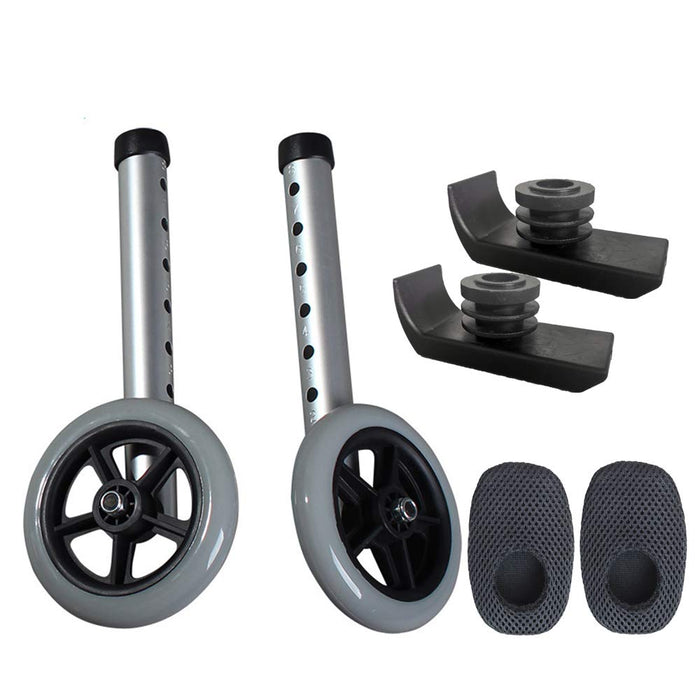 Walker Wheels and Ski Glides - Replacement Feet - Accessories Parts Set for Folding Medical Walkers - Universal Front, Back Stability Safety Wheel - Includes 2 Glide Tips, Two 5 Inch Rubber Wheel