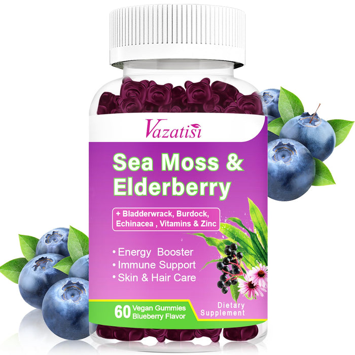 Vegan Sea Moss Gummies with Elderberry, Bladderwrack, Burdock, Echinacea, Apple Cider Vinegar, Chlorophyll, Vitamin C, D & Zinc Supplement for Women, Men, Adults & Kids, Blueberry Flavor 60Ct