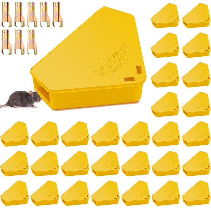 Qualirey 36 Pcs Mice Station with Keys Mouse Bait Stations Waterproof Mice Stations Outdoor Mice Traps Bait Boxes for Mice Indoor Outdoor, Bait Not Included, Suitable for Small Mice (Yellow)