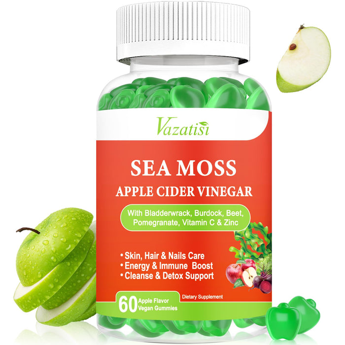 Vegan Irish Sea Moss Gummies with Apple Cider Vinegar Pomegranate Beet Root Bladderwrack Burdock Vitamin C & Zinc Supplement for Digestion Mood Energy & Immune Support, Apple Flavor