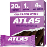 Atlas Protein Bar, 20g Protein, 1g Sugar, Clean Ingredients, Gluten Free (Dark Chocolate Almond, 12 Count (Pack of 1))