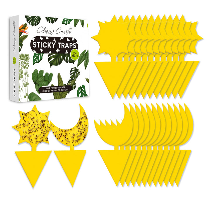Classy Casita Yellow Sticky Traps - Fungus Gnat Trap, Houseplant Fly Control, Indoor and Outdoor Plant Insect Stakes, Potted Plants Mosquito Pest Bugs Catcher, Gifts for Plant Lovers - 24-Pack
