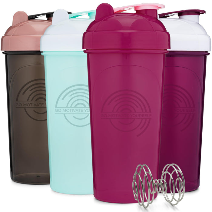 GOMOYO [4 Pack] 28 oz Shaker Bottle | Protein Shaker Bottle with Mixing Agitators (Black/Rose, Purple/White, Pink, Mint/White) | Shaker Bottle for Protein Mixes Pack is BPA Free and Dishwasher Safe