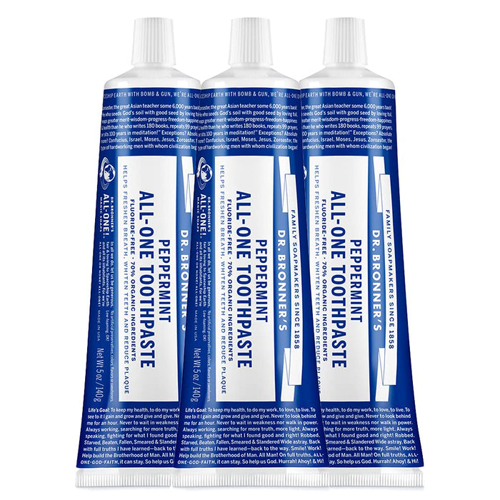 Dr. Bronner’s - All-One Toothpaste (Peppermint, 5 ounce, 3-Pack) - 70% Organic Ingredients, Natural and Effective, Fluoride-Free, SLS-Free, Helps Freshen Breath, Reduce Plaque, Whiten Teeth, Vegan