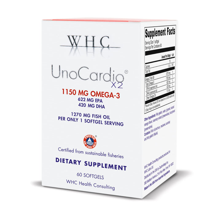 WHC, UnoCardio X2 Fish Oil, Triglyceride Omega-3 Fatty acids, 1270 mg Fish Oil Supplement (622 mg EPA / 420 mg DHA/Total 1150 mg of Omega-3 per Serving), Natural Orange, 60 softgels