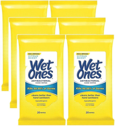 Wet Ones Antibacterial Hands & Face Wipes, Citrus Scent, 20 Count Travel Pack (Pack of 6)