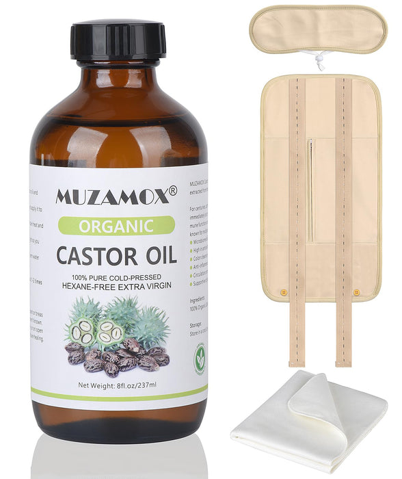 MUZAMOX Castor Oil Organic Cold Pressed Unrefined Glass Bottle (8fl.oz/237ml), Castor Oil Pack Wrap Organic Cotton and Castor Oil Packs for Liver Detox