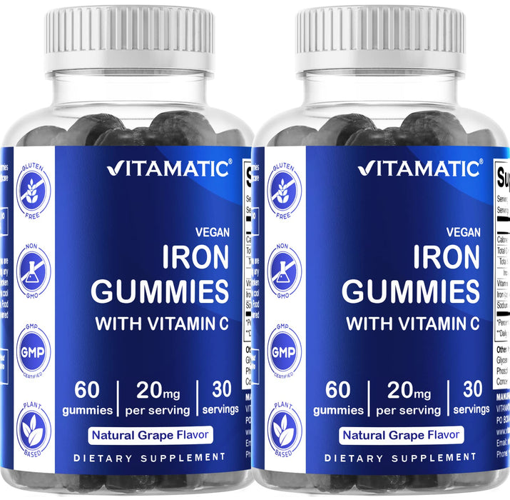 2 Pack Vitamatic Iron Gummies Supplement for Women & Men - 20mg Serving - 60 Vegan Gummies - Great Tasting Iron Gummy Vitamins with Vitamin C (Total 120 Gummies)