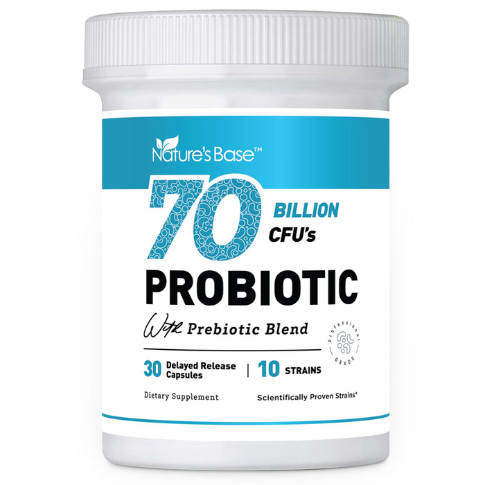 NATURE'S BASE Probiotics 70 Billion CFU - 10 Strains Including Lactobacillus Plantarum & Lactobacillus Acidophilus Probiotic - Prebiotics and Probiotics for Women & Men's Digestive Health (30 Caps)