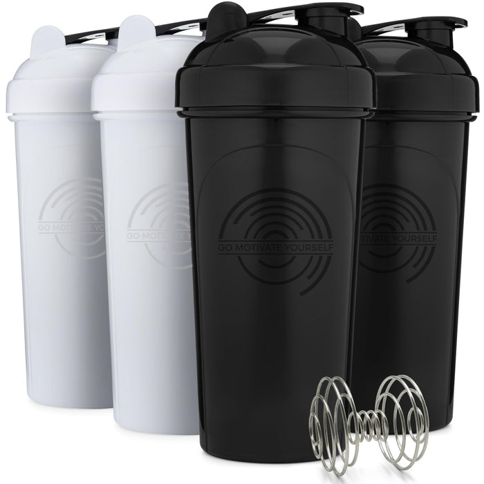 GOMOYO [4 Pack] 28 oz Shaker Bottle | Protein Shaker Bottle 4-Pack with Mixing Agitators | Shaker Bottle for Protein Mixes Pack is BPA Free and Dishwasher Safe (Black & White)