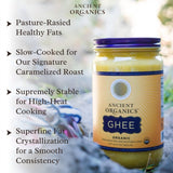 Ancient Organics Ghee, Organic Grass Fed Ghee Butter – Gluten Free Ghee, Clarified Butter, Vitamins & Omegas, Lactose Reduced, 100% Certified Organic, Kosher, USDA Certified – 8 Fl Oz (Pack of 1)