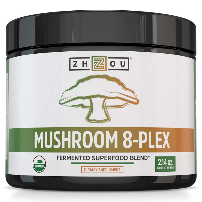 Zhou Nutrition 8-Plex Organic Mushroom Powder, Support Cognitive and Immune Health, Increase Energy, Endurance & Overall Wellness, Lions Mane, Reishi & Turkey Tail, 30 Servings - 2.14 Oz