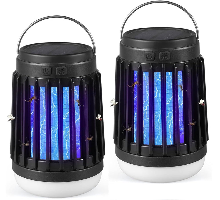 2 Pcs Solar Bug Zapper Outdoor Waterproof Mosquito Zapper - Camping Light, Mosquito Killer, Flashlight - 3 in 1 Cordless Mosquito Light Killer Portable Small Bug Zapper for Patio Home Camping, Black