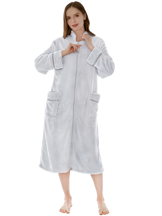PAVILIA Womens Housecoat Zip Robe, Fleece Zip Up Front Robe Bathrobe, Plush Warm Zipper House Coat Lounger for Women Ladies Elderly with Satin Trim, Pockets, Long - Light Gray (Small/Medium)