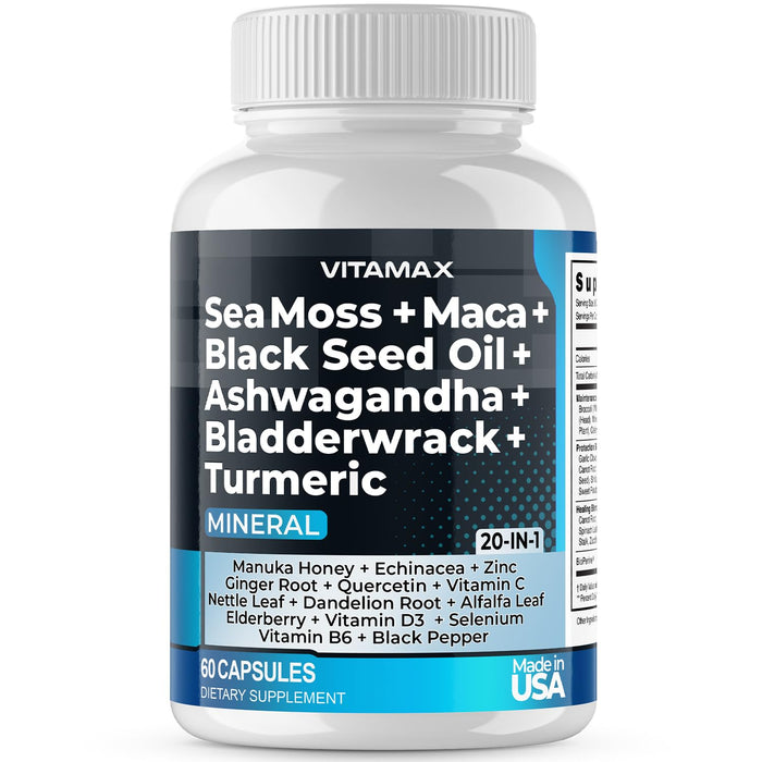 Sea Moss 3000mg Maca 2000mg Black Seed Oil 2000mg Ashwagandha 1000mg Bladderwrack 1000mg Turmeric 2000mg - Manuka Honey, Elderberry, Vitamin C & D3, Dandelion & Black Pepper - 60ct