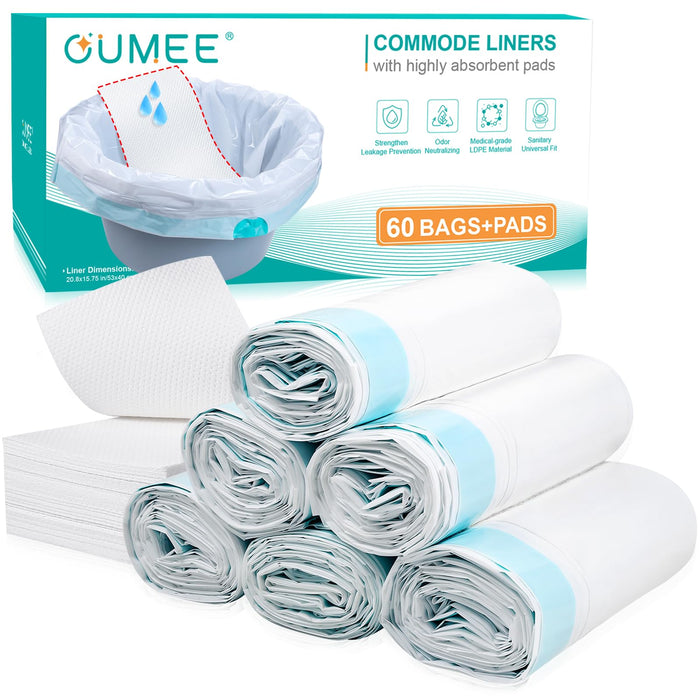 OUMEE 60 Count Commode Liners with Absorbent Pads, Potty Chair Liners for Bedside Commode Bucket, Portable Toilet Liner Bags for Adults Commode Bags Camping Gel Bags (60Bags + 60Pads)