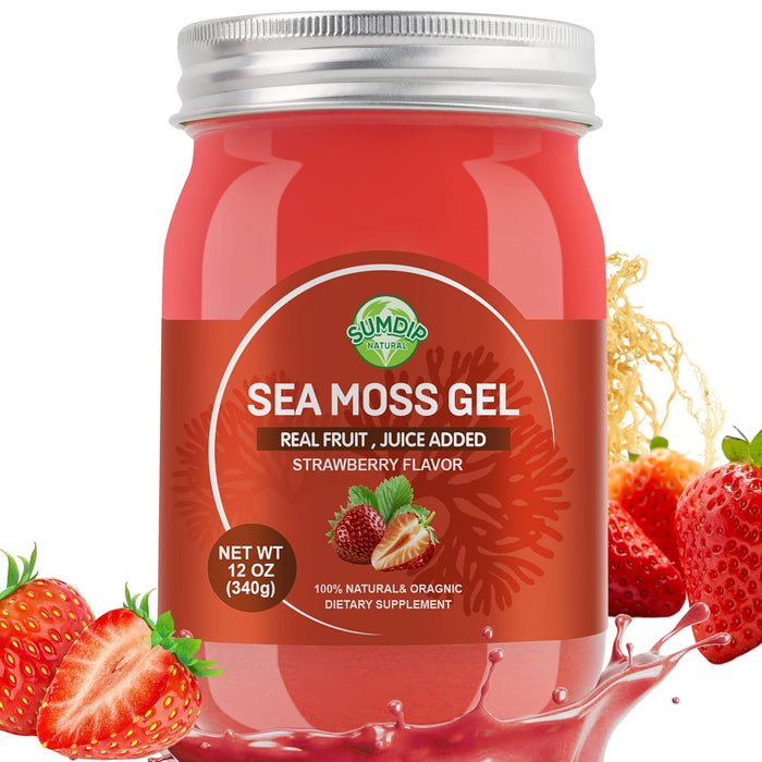 Sea Moss Gel Organic Raw Irish Seamoss Gel Vegan Superfood Immune and Digestive Support Vitamin Mineral, Strawberry 12oz