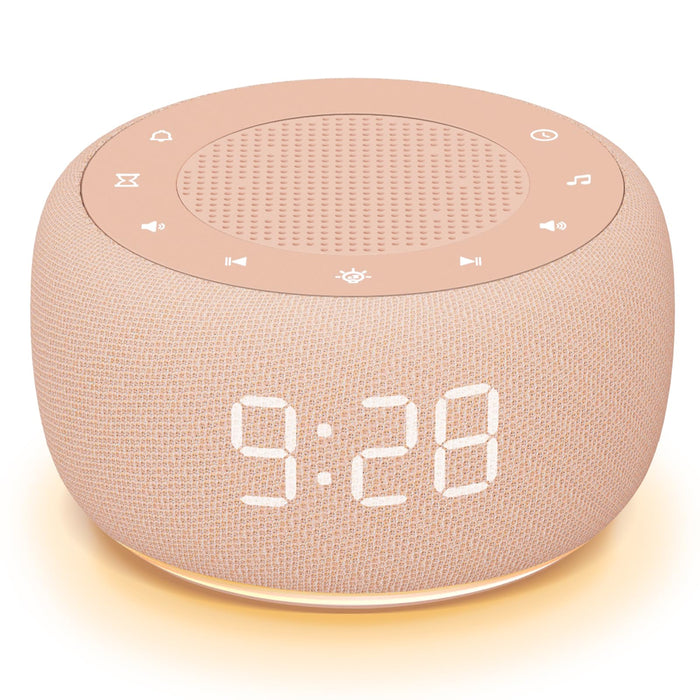 Buffbee Sound Machine & Alarm Clock 2-in-1, 0-100% Clock Face Brightness, Bottom Colored Light, Sleep Timer, Precise 30-Level Volume White Noise Machine, Digital Alarm Clocks for Bedrooms - Peach