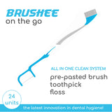Brushee - The Evolution of Oral Care | 3-in-1 Tool (Pre-Pasted Mini-Brush + Floss + Pick) | Individually Wrapped | Disposable | Prepasted Travel Toothbrushes | Small Adult Toothbrush - (24-Pack)