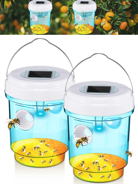 2 Pack Wasp Traps Outdoor Hanging Fly Traps with UV LED Light Solar Powered Hornet Trap Non-Toxic Reusable Hornet Traps Wasp Killer for Indoor Outdoor Patio Garden Home (Blue)