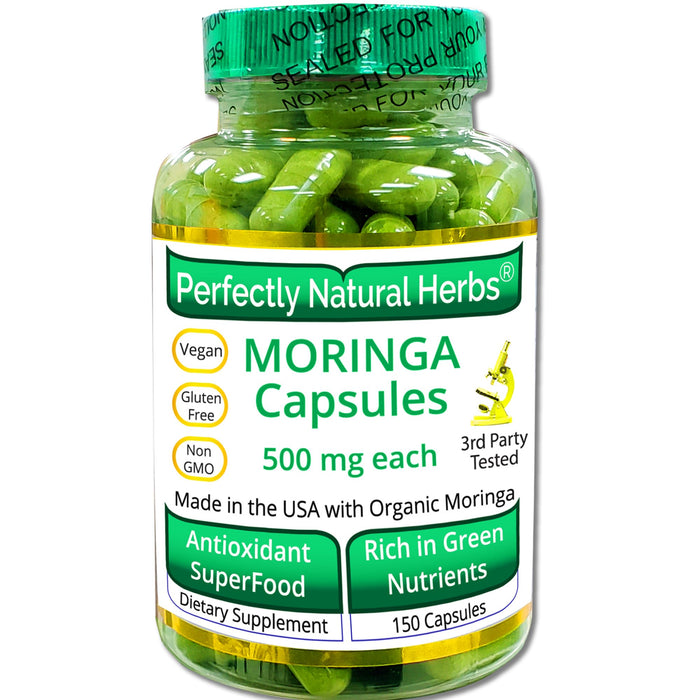 150 Moringa Capsules Made With USDA Certified Organic Moringa Leaf Powder, Net Weight of 500mg per Capsule