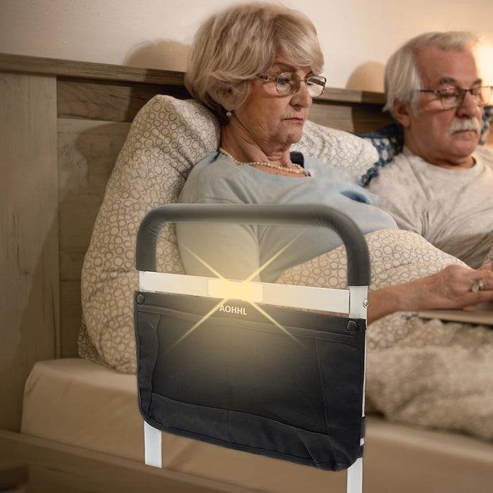 Bed Rails for Elderly Adults Safety with Motion Light Adjustable Heights Storage Pocket Assist Support Side Railing for Seniors Slides Under Bed Guard Bed Handle Bars(White with Warm Light)