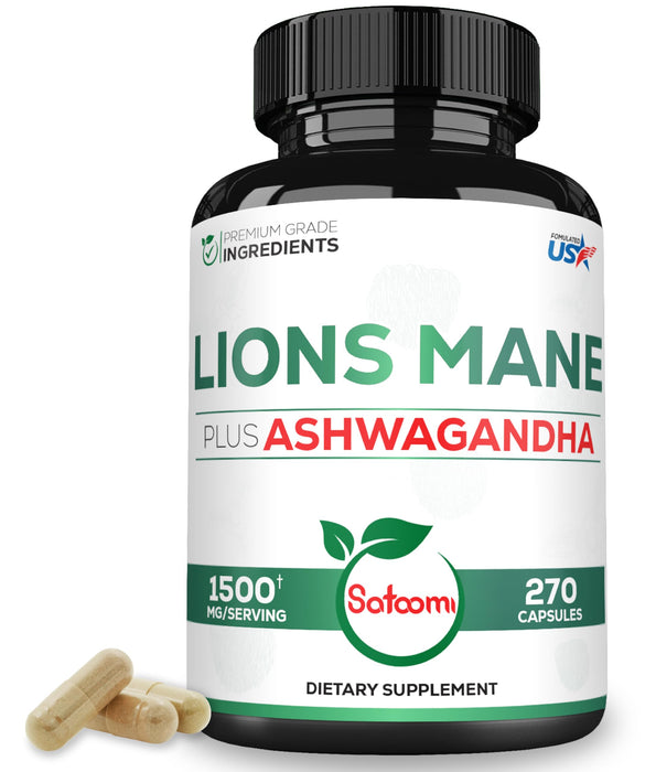 Premium Lions Mane Supplement Capsules with Ashwagandha Root - 270 Capsules - High Concentrated for Restful Mind, Brain Health, Immune System & Focus Support - Gluten-Free, Non-GMO