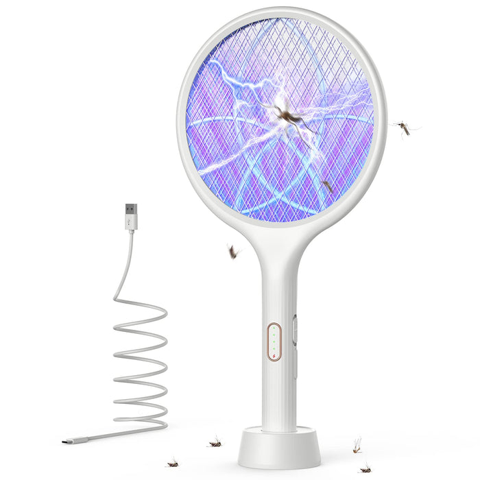 YISSVIC Electric Fly Swatter 4000V Bug Zapper Racket Dual Modes Mosquito Killer with Purple Mosquito Light Rechargeable for Indoor Home Office Backyard Patio Camping (White)