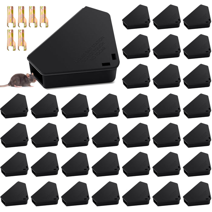 Qualirey 48 Pcs Mice Station with Keys Mouse Bait Stations Waterproof Mice Stations Outdoor Mice Traps Bait Boxes for Mice Indoor Outdoor, Bait Not Included, Suitable for Small Mice (Black)