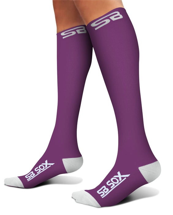 SB SOX Compression Socks (20-30mmHg) for Men & Women – Best Compression Socks for All Day Wear, Better Blood Flow, Swelling! (Large, Purple/White)