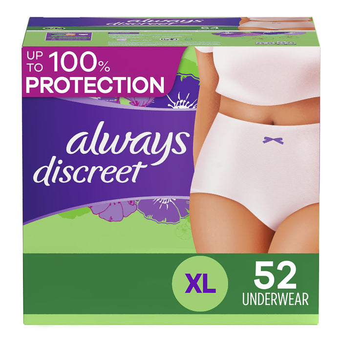 Always Discreet Adult Incontinence & Postpartum Incontinence Underwear for Women, X-Large, Maximum Protection, Disposable 26 Count x 2 Packs (52 Count total)
