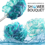 2-Side-Loofah-Back-Scrubber & Bath-Sponges by-Shower-Bouquet: 1-Long-Handle-Back-Brush Plus 2-Extra-Large 75g Soft Mesh Poufs, Men & Women - Exfoliate with Full Pure Cleanse in Bathing Accessories
