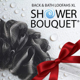 Loofah-Charcoal Back-Scrubber & Bath-Sponges by Shower Bouquet: 1 Long-Handle-Back-Brush Plus 2 Extra Large 75g Soft Mesh Poufs, Men & Women - Exfoliate with Full Pure Cleanse in Bathing Accessories