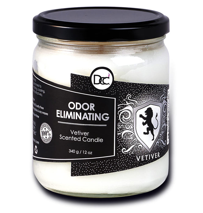 Vetiver Odor Eliminating Highly Fragranced Candle - Eliminates 95% of Pet, Smoke, Food, and Other Smells Quickly - Up to 80 Hour Burn time - 12 Ounce Premium Soy Blend