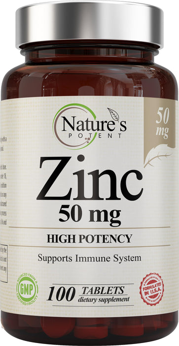 Zinc 50mg [High Potency] Supplement - Immune Support System from Natural Zinc (Oxide/Citrate) 100 Tablets, Made by Nature’s Potent.