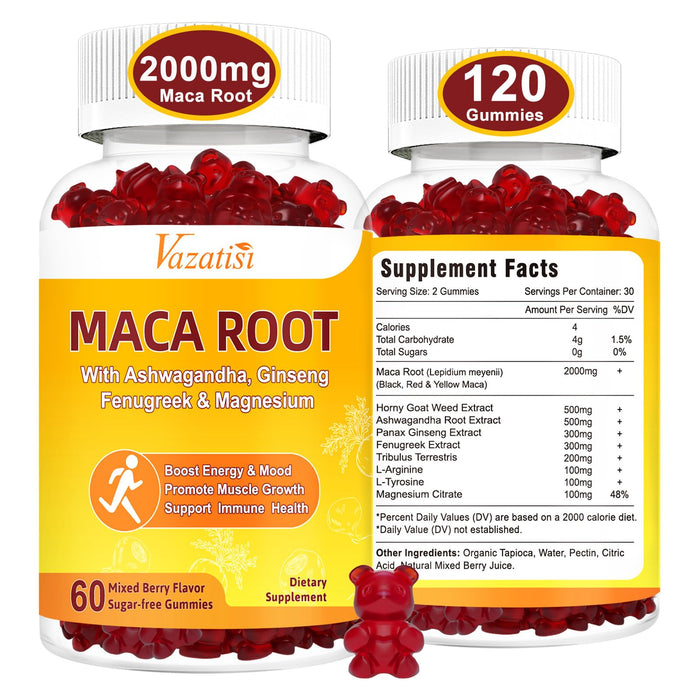 2 Pack Maca Root Gummies 2000mg for Women & Men with Ginseng, Fenugreek & Magnesium for Natural Energy, Mood & Immune Support-120 Vegan Mixed Berry Flavored Gummies