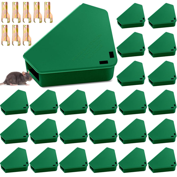 Qualirey 24 Pcs Mice Station with Keys Mouse Bait Stations Waterproof Mice Stations Outdoor Mice Traps Bait Boxes for Mice Indoor Outdoor, Bait Not Included, Suitable for Small Mice (Green)