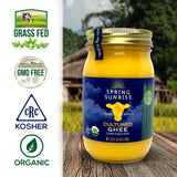 Spring Sunrise Organic Grass Fed Cultured Ghee Butter - USDA Certified Organic Clarified Butter - Paleo, Keto Friendly, Non-GMO, Gluten, & Lactose Free Cooking Oil - Sustainably Sourced (16oz Jar)