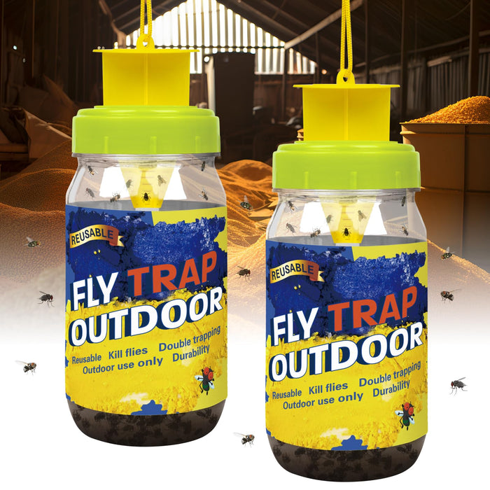 2 Reusable Fly Traps Outdoor Hanging with Bait Refill, Gnat Trap Killer Jar for House, Bug & Insect, Fruit Fly Repellent Patio, Fly Catcher for Stable